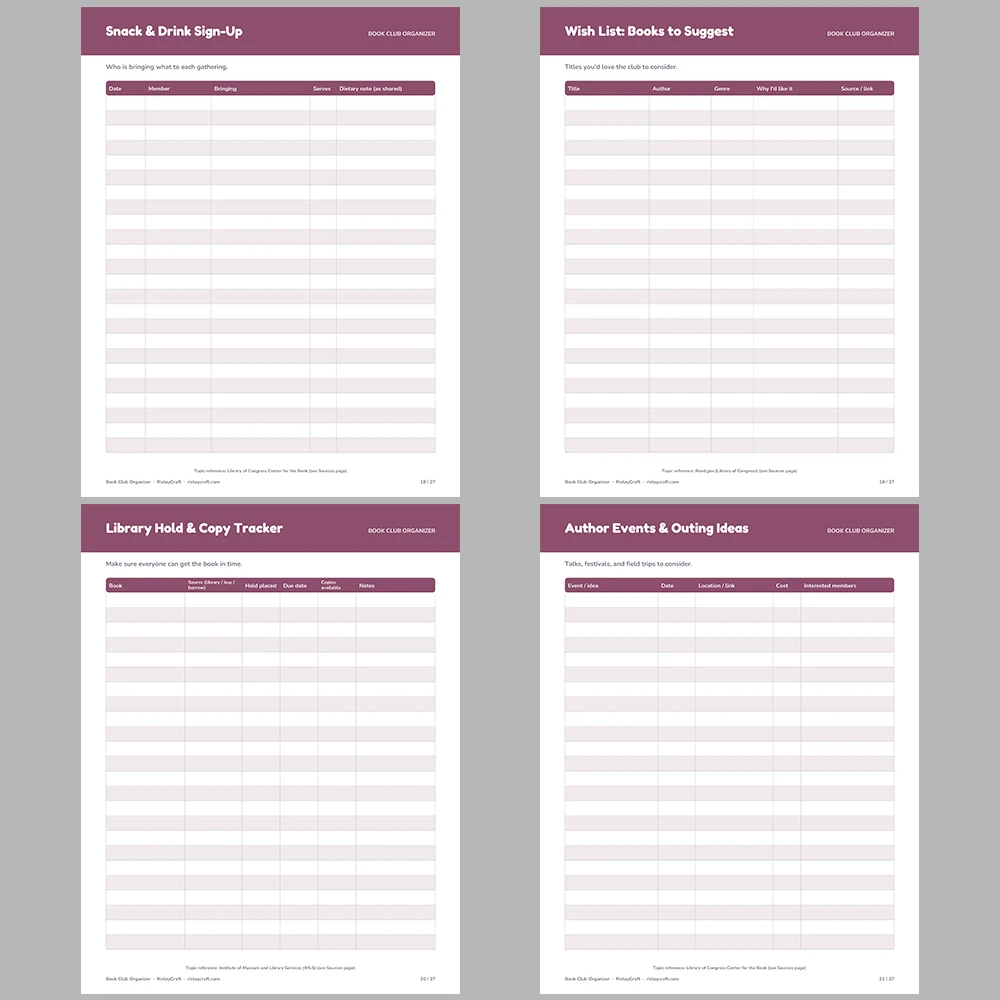 Book Club Organizer Printable | Member List, Meeting Schedule, Book Votes, Hosting Rotation & Ratings Log | Fillable PDF Planner