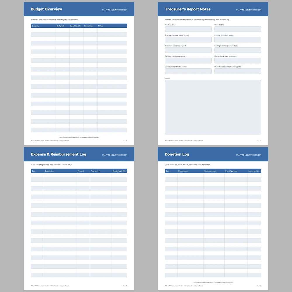 PTA Binder Printable | PTO Volunteer Organizer | Meeting Minutes, Event Planner, Fundraiser Tracker, Budget Log | Instant Download PDF