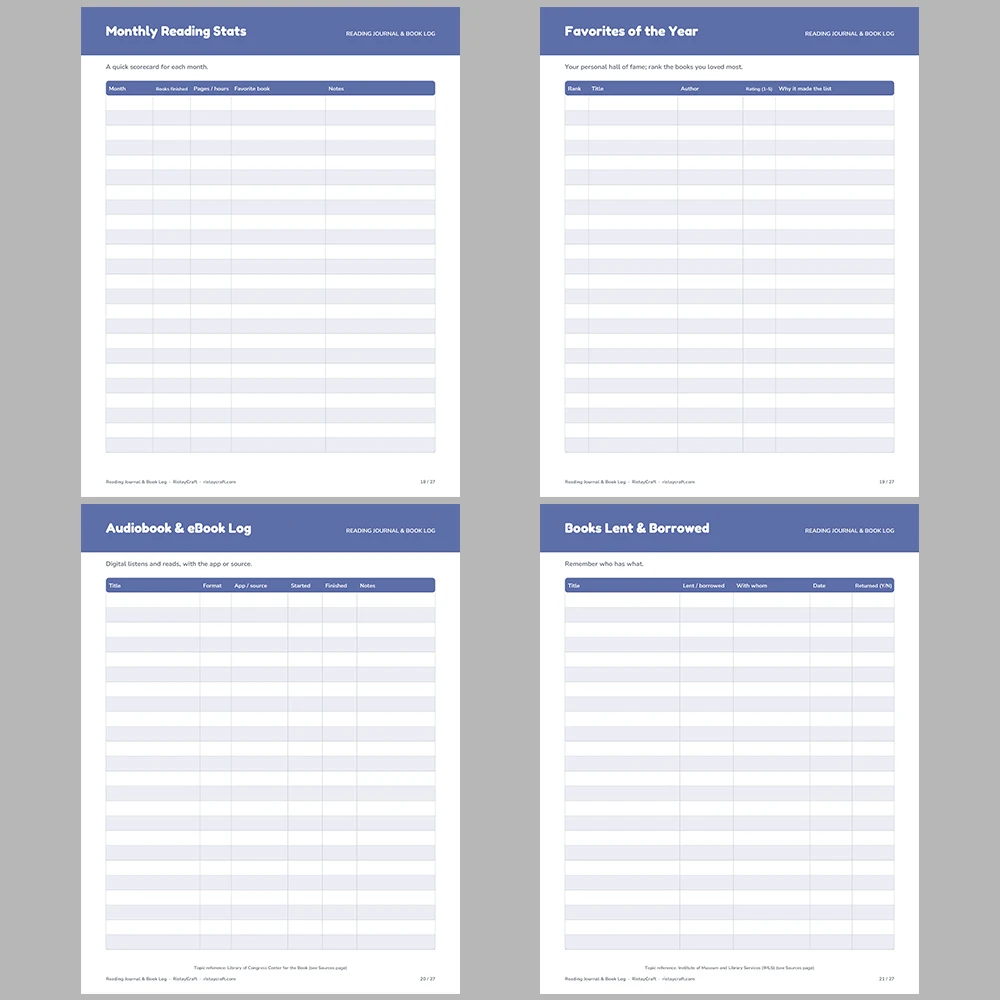 Reading Journal Printable | Book Log, Reading Goals, Book Review Pages, Quotes Log, Series & Library Loan Tracker | Fillable PDF