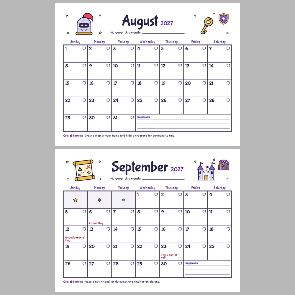 2027 Kids Calendar Printable | Castle & Dragons Monthly Calendar with Activities | Sunday & Monday Start | Letter A4 Desk Pad PDF