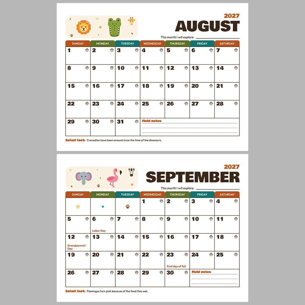 2027 Kids Calendar Printable | Safari Adventure Monthly Calendar with Activities | Sunday & Monday Start | Letter A4 Desk Pad PDF