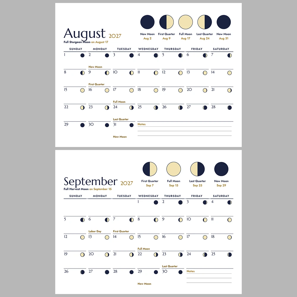 2027 Moon Phases Calendar Printable | Lunar Phase Monthly Wall Calendar | Sunday & Monday Start | Letter A4 Desk Pad PDF
