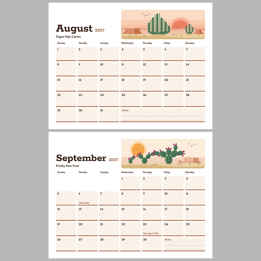2027 Desert Southwest Calendar Printable | Cactus Desert Art Monthly Wall Calendar | Sunday & Monday Start | Letter A4 Desk Pad PDF