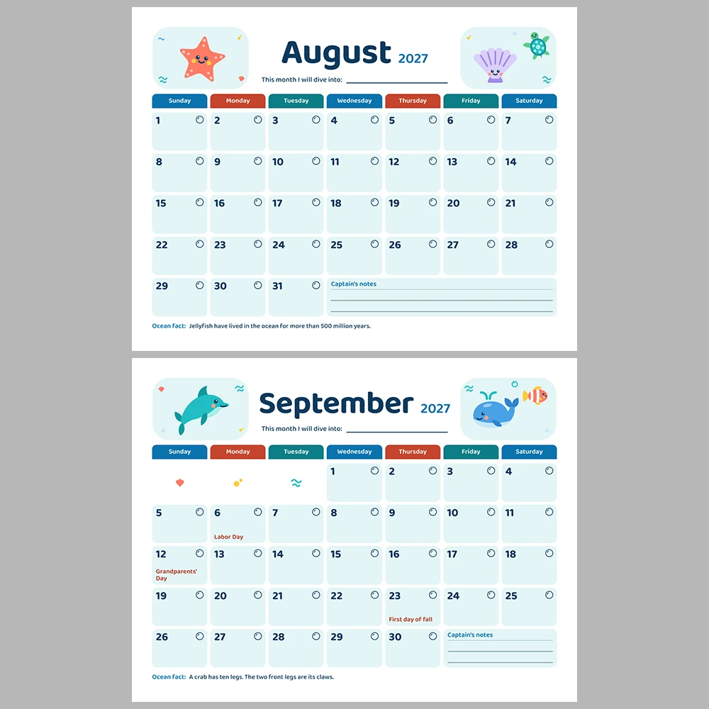 2027 Kids Calendar Printable | Ocean Friends Monthly Calendar with Activities | Sunday & Monday Start | Letter A4 Desk Pad PDF