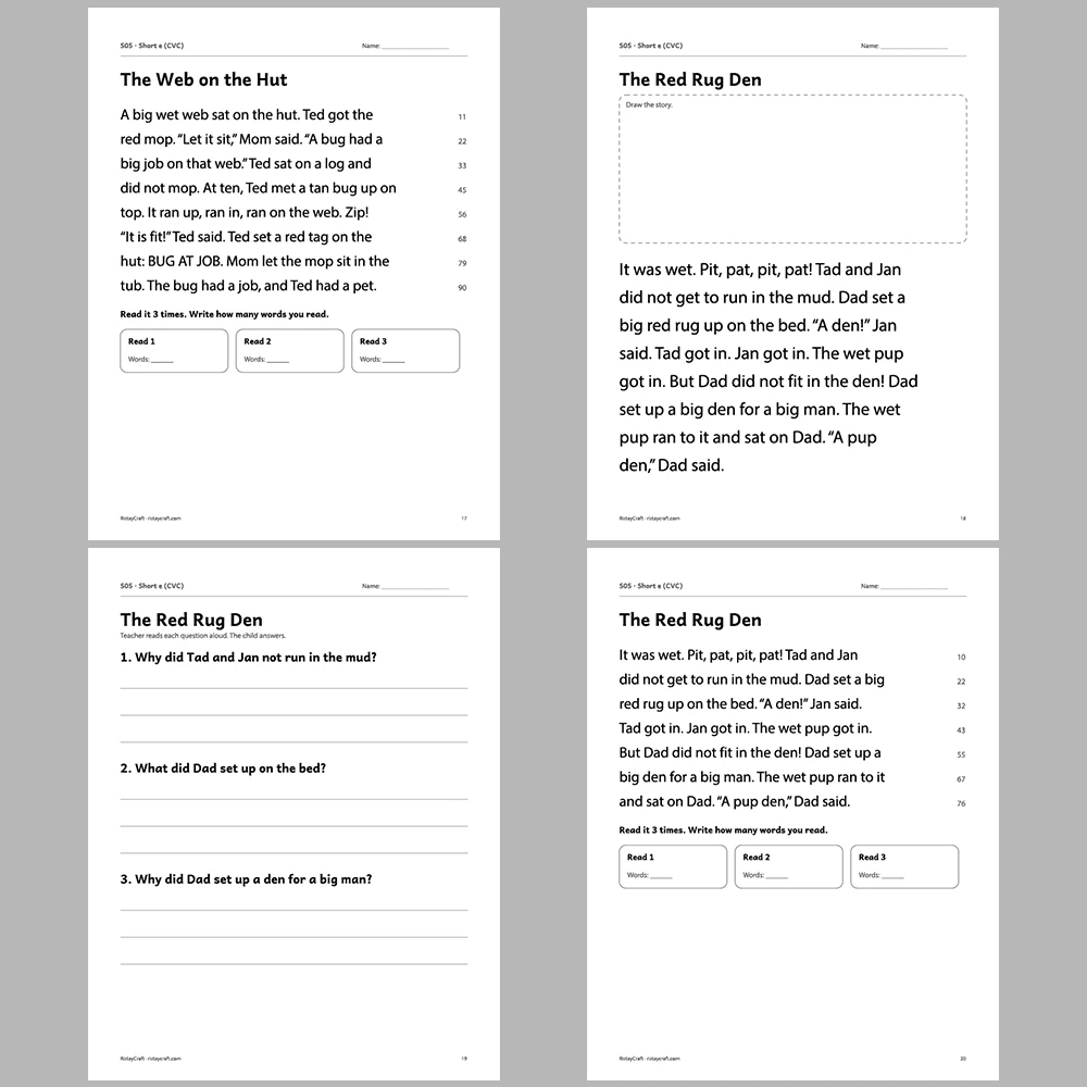 Short e (CVC) Decodable Readers | 8 Stories 38 Pages | Phonics Printable PDF | Ages 5-6