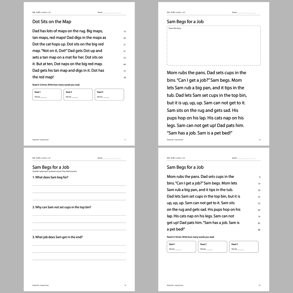 Suffix -s and s = /z/ Decodable Readers | 8 Stories 38 Pages | Phonics Printable PDF | Ages 5-6