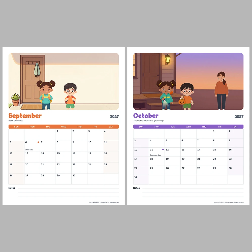 2027 Printable Calendar for Kids | Nora & Eli Monthly Wall Calendar with US Holidays | Family Planner Letter A4 PDF