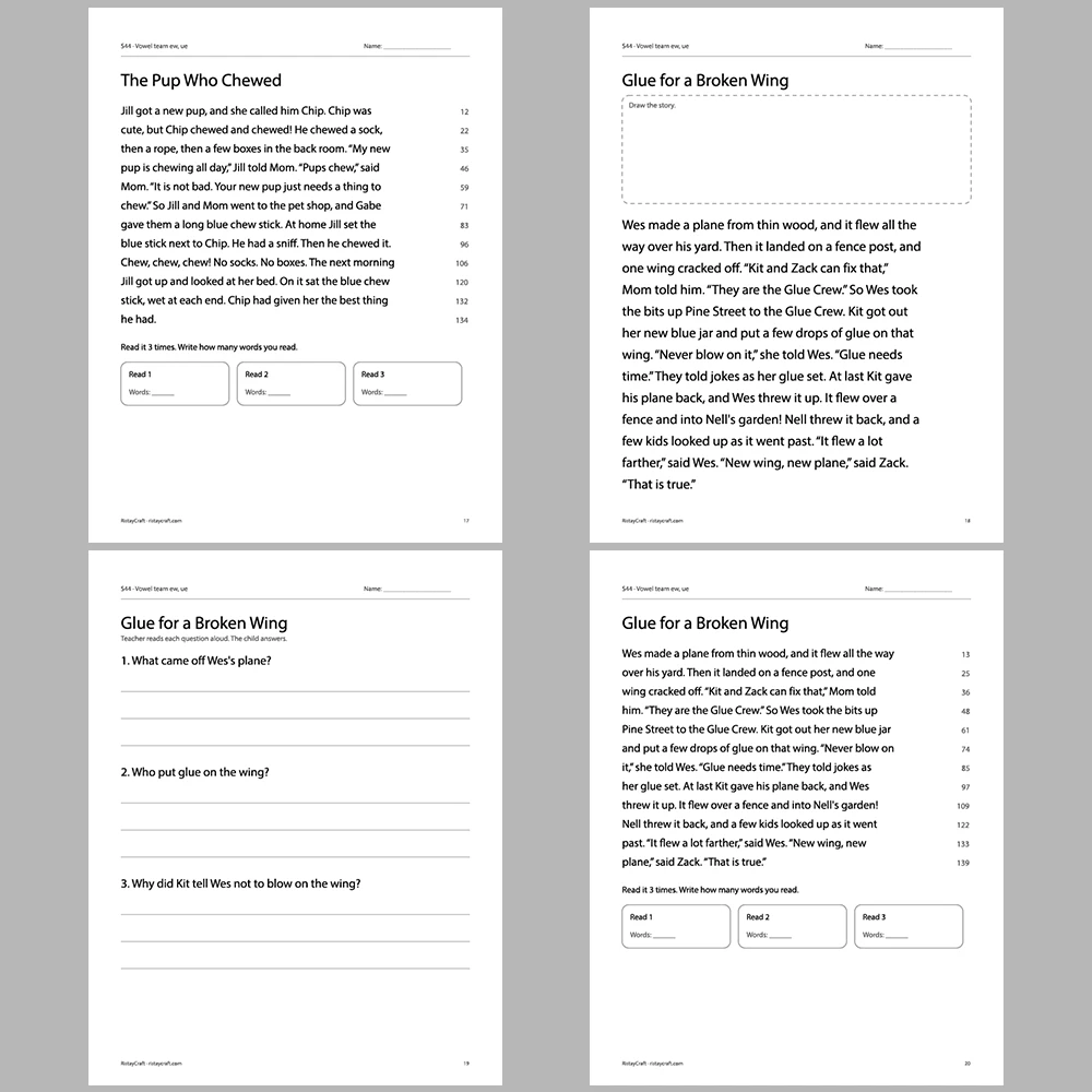Vowel team ew, ue Decodable Readers | 10 Stories 44 Pages | Phonics Printable PDF | Ages 6-9