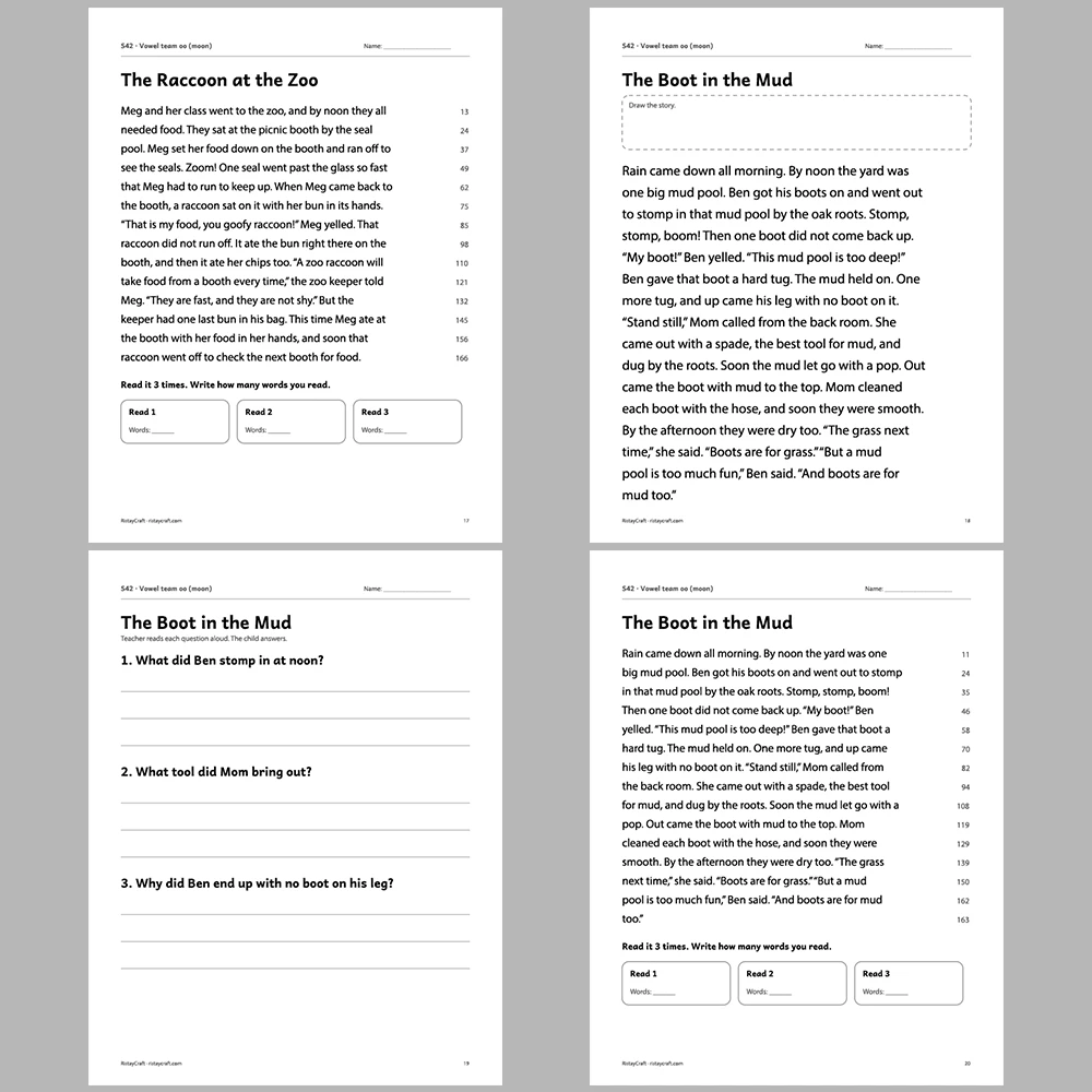 Vowel team oo (moon) Decodable Readers | 10 Stories 44 Pages | Phonics Printable PDF | Ages 6-9
