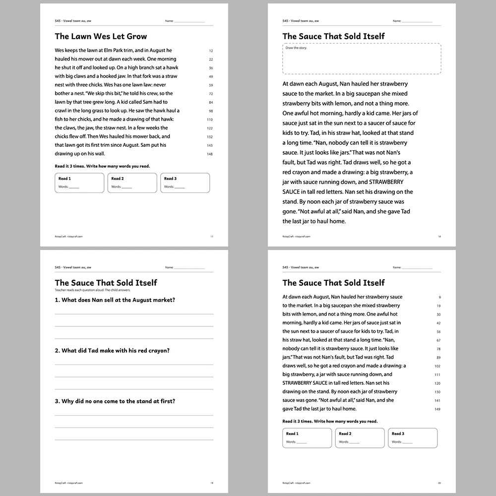Vowel team au, aw Decodable Readers | 10 Stories 44 Pages | Phonics Printable PDF | Ages 6-9