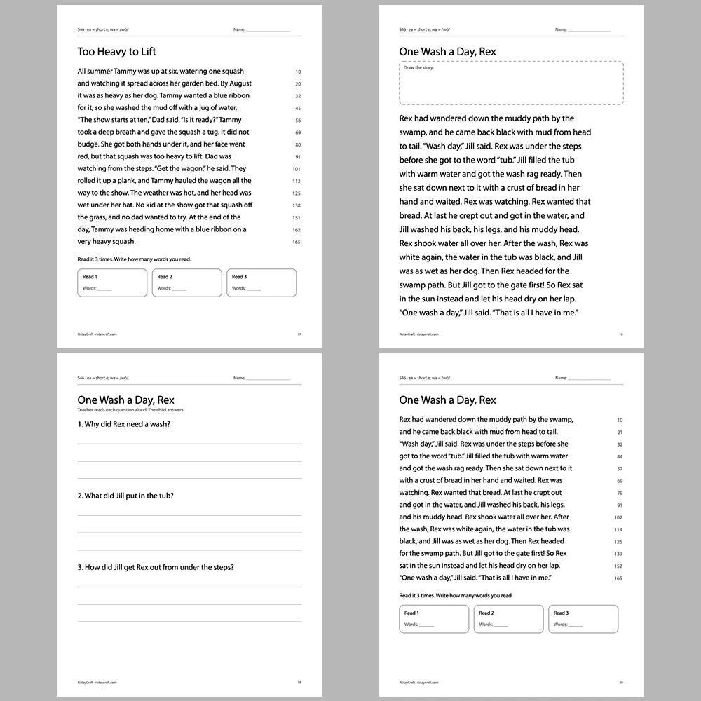 ea = short e; wa = /wŏ/ Decodable Readers | 10 Stories 44 Pages | Phonics Printable PDF | Ages 6-9