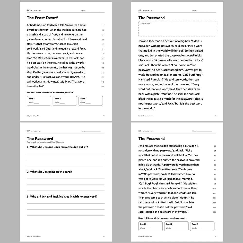 w + or, w + ar Decodable Readers | 10 Stories 44 Pages | Phonics Printable PDF | Ages 6-8