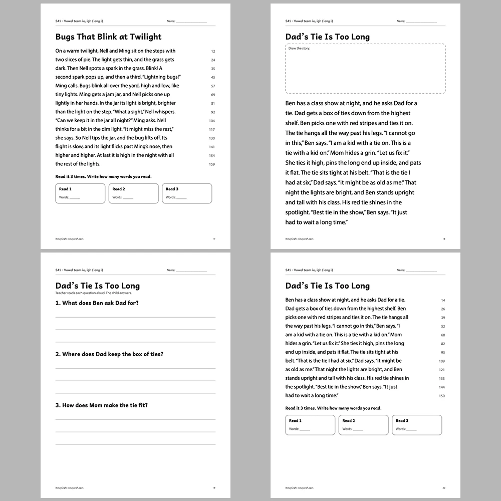Vowel team ie, igh (long i) Decodable Readers | 10 Stories 44 Pages | Phonics Printable PDF | Ages 6-9