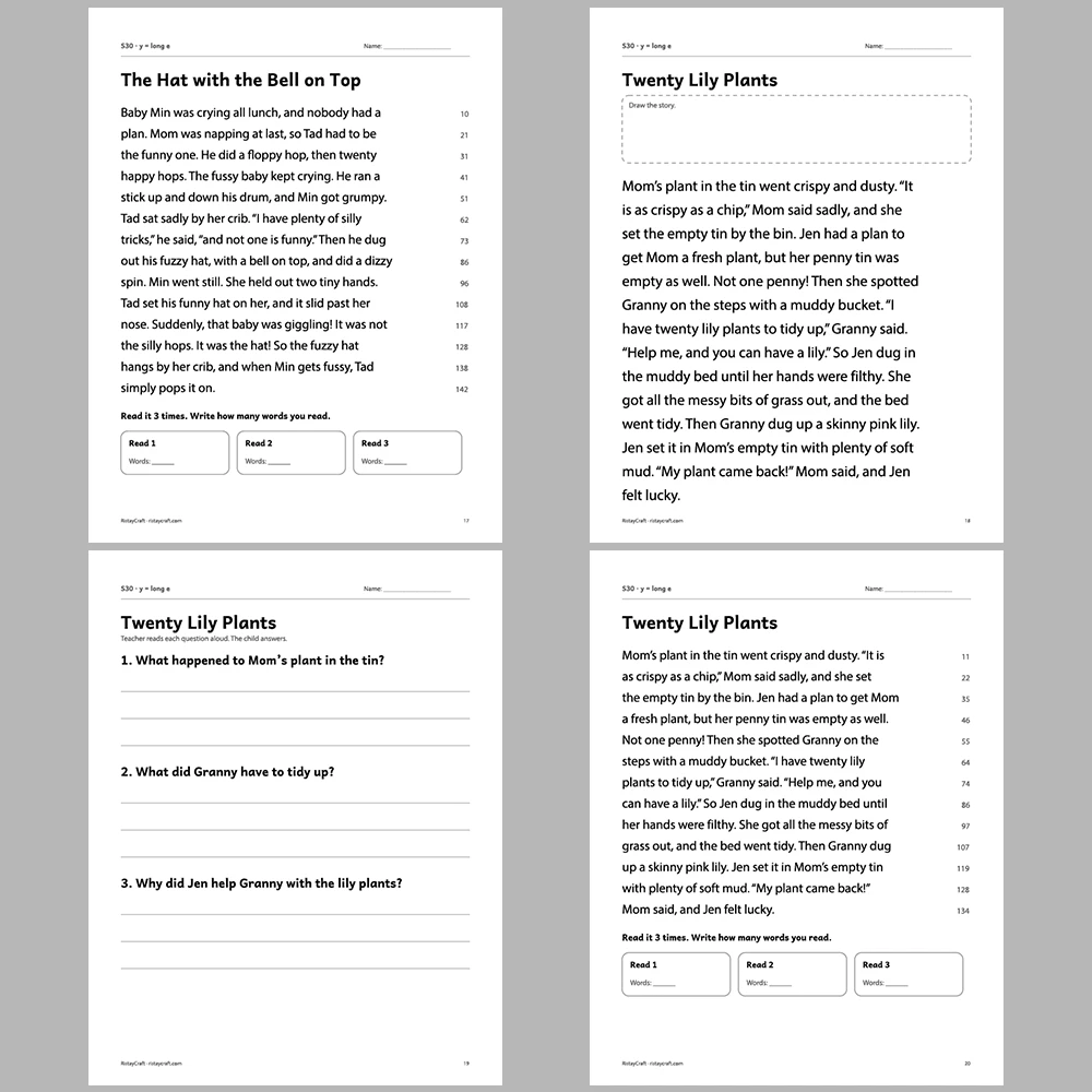 y = long e Decodable Readers | 10 Stories 44 Pages | Phonics Printable PDF | Ages 6-8