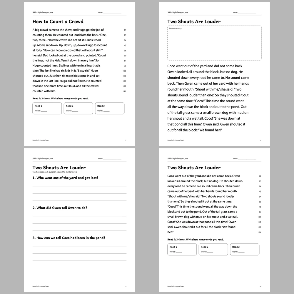 Diphthong ou, ow Decodable Readers | 10 Stories 44 Pages | Phonics Printable PDF | Ages 6-9