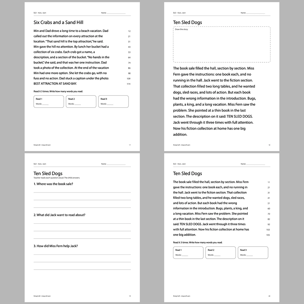 -tion, -sion Decodable Readers | 10 Stories 44 Pages | Phonics Printable PDF | Ages 6-9