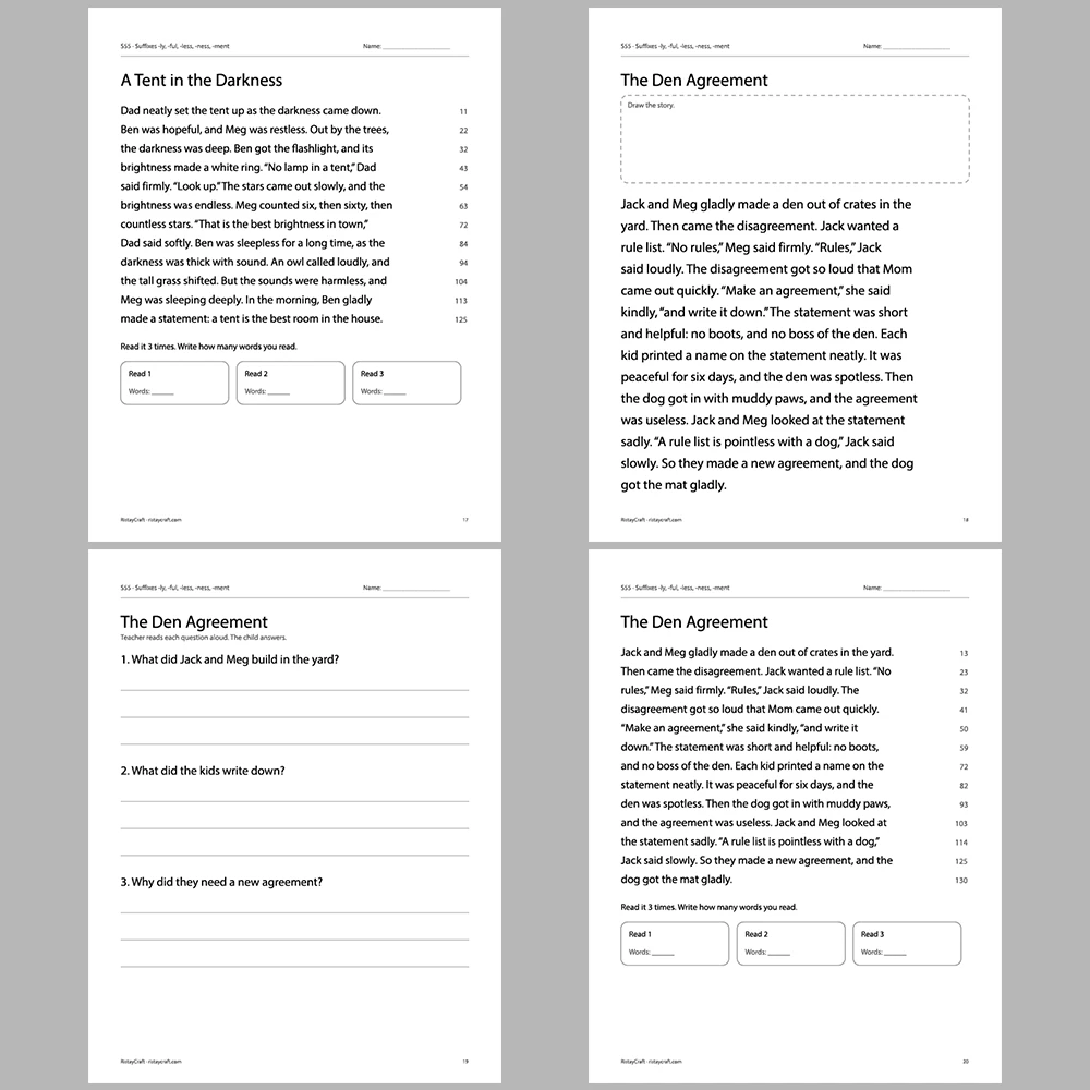 Suffixes -ly, -ful, -less, -ness, -ment Decodable Readers | 10 Stories 44 Pages | Phonics Printable PDF | Ages 6-9