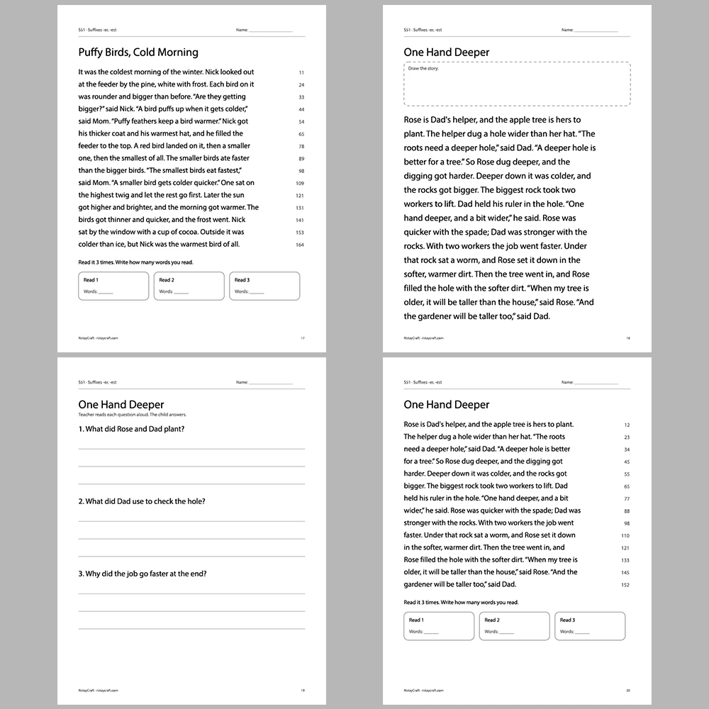 Suffixes -er, -est Decodable Readers | 10 Stories 44 Pages | Phonics Printable PDF | Ages 6-9