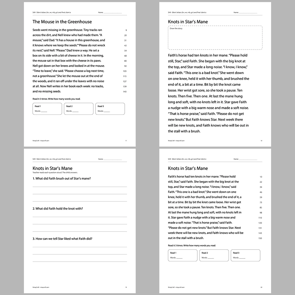 Silent letters (kn, wr, mb, gn) and final silent e Decodable Readers | 10 Stories 44 Pages | Phonics Printable PDF | Ages 6-9