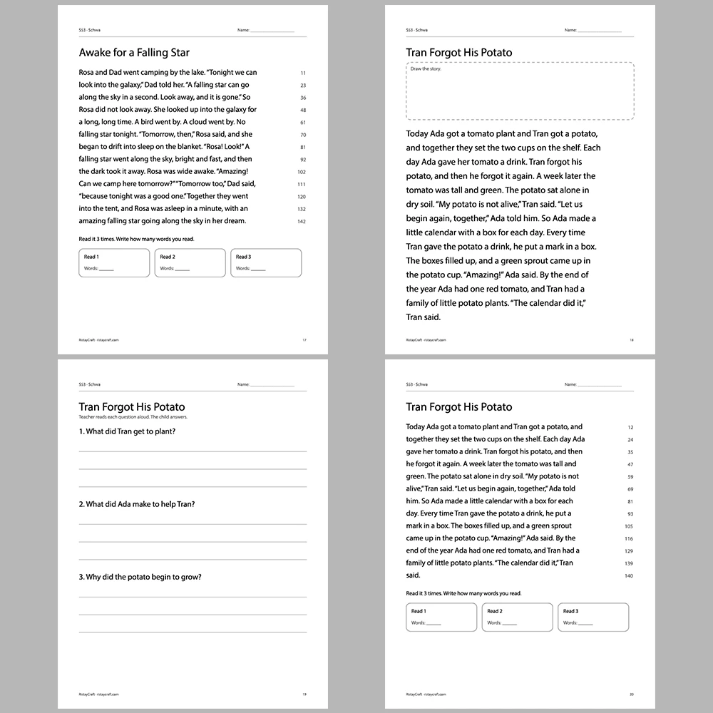 Schwa Decodable Readers | 10 Stories 44 Pages | Phonics Printable PDF | Ages 6-9