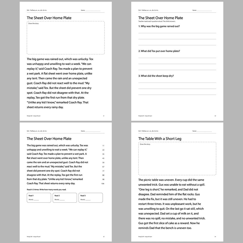 Prefixes un-, re-, dis- & mis- Decodable Readers | 10 Stories 44 Pages | Phonics Printable PDF | Ages 6-9