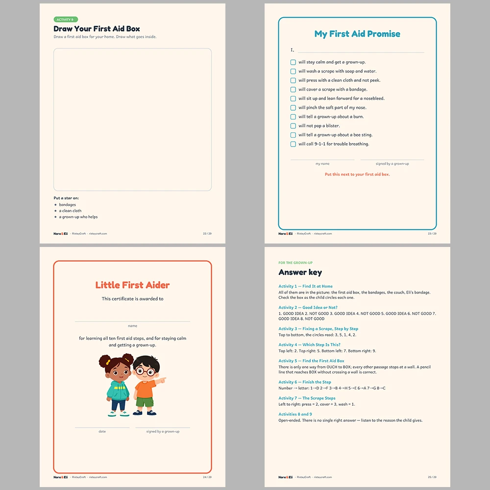 First Aid for Kids Printable | 29-Page Small Hurts First Aid Workbook Ages 5–8 | Scrapes Nosebleeds Stings Stories Activities