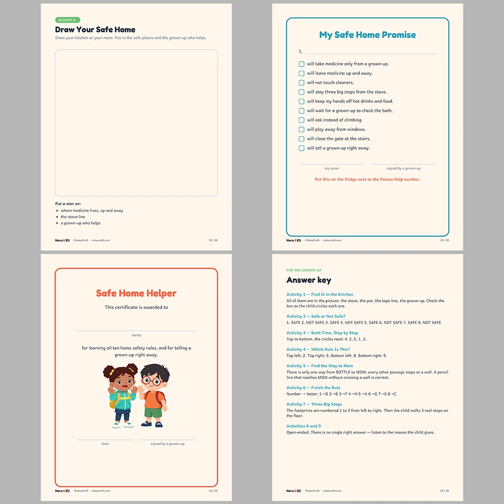 Home Safety for Kids Printable | 29-Page Safe at Home Workbook Ages 5–8 | Medicine Stove Window Rules Stories Activities
