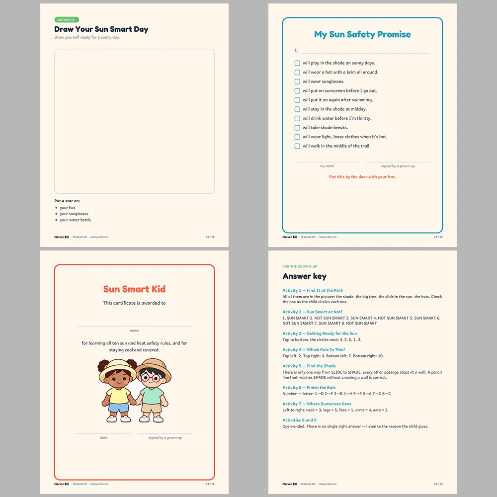 Sun Safety for Kids Printable | 29-Page Summer Heat and Sunscreen Workbook Ages 5–8 | Shade Hat Water Stories Activities