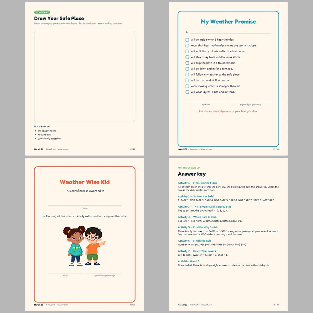 Weather Safety for Kids Printable | 29-Page Storm Tornado Flood Safety Workbook Ages 5–8 | Stories Activities