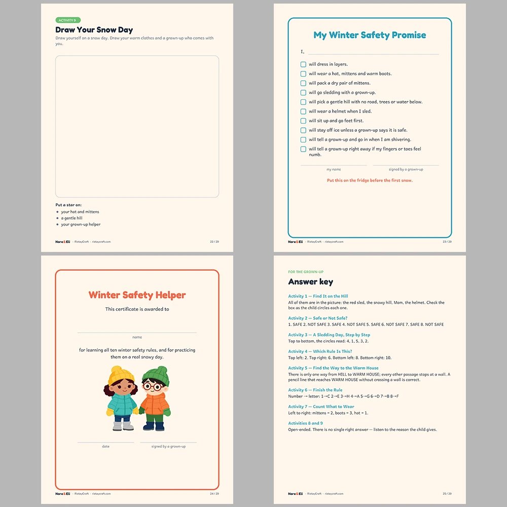 Winter Safety for Kids Printable | 29-Page Snow and Ice Safety Workbook Ages 5–8 | Sledding Layers Cold Weather Activities
