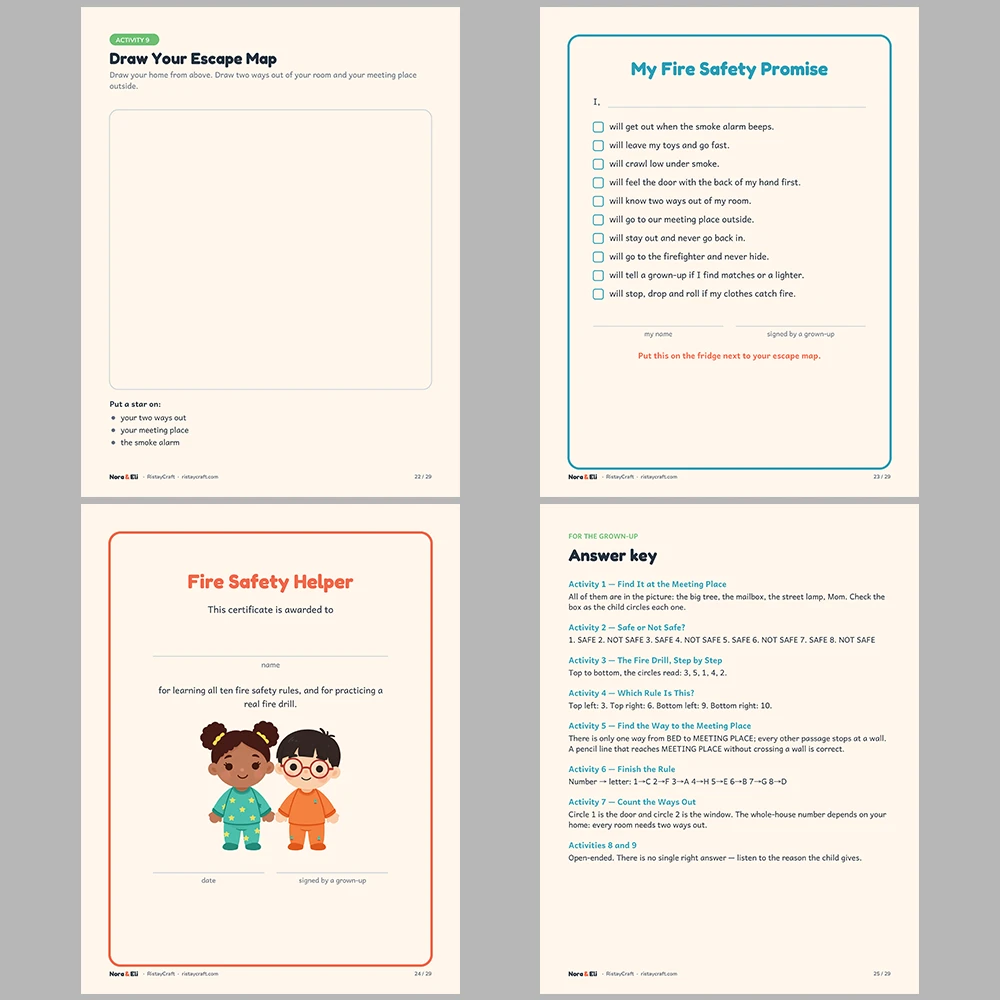Fire Safety for Kids Printable | 29-Page Fire Drill and Escape Plan Workbook Ages 5–8 | Smoke Alarm Stories Activities