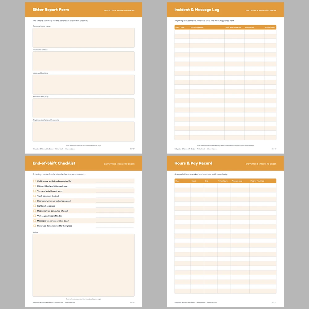 Babysitter Binder Printable | Nanny Info Sheet | Emergency Contacts, Child Profile, Bedtime Routine, Sitter Notes | Instant Download PDF