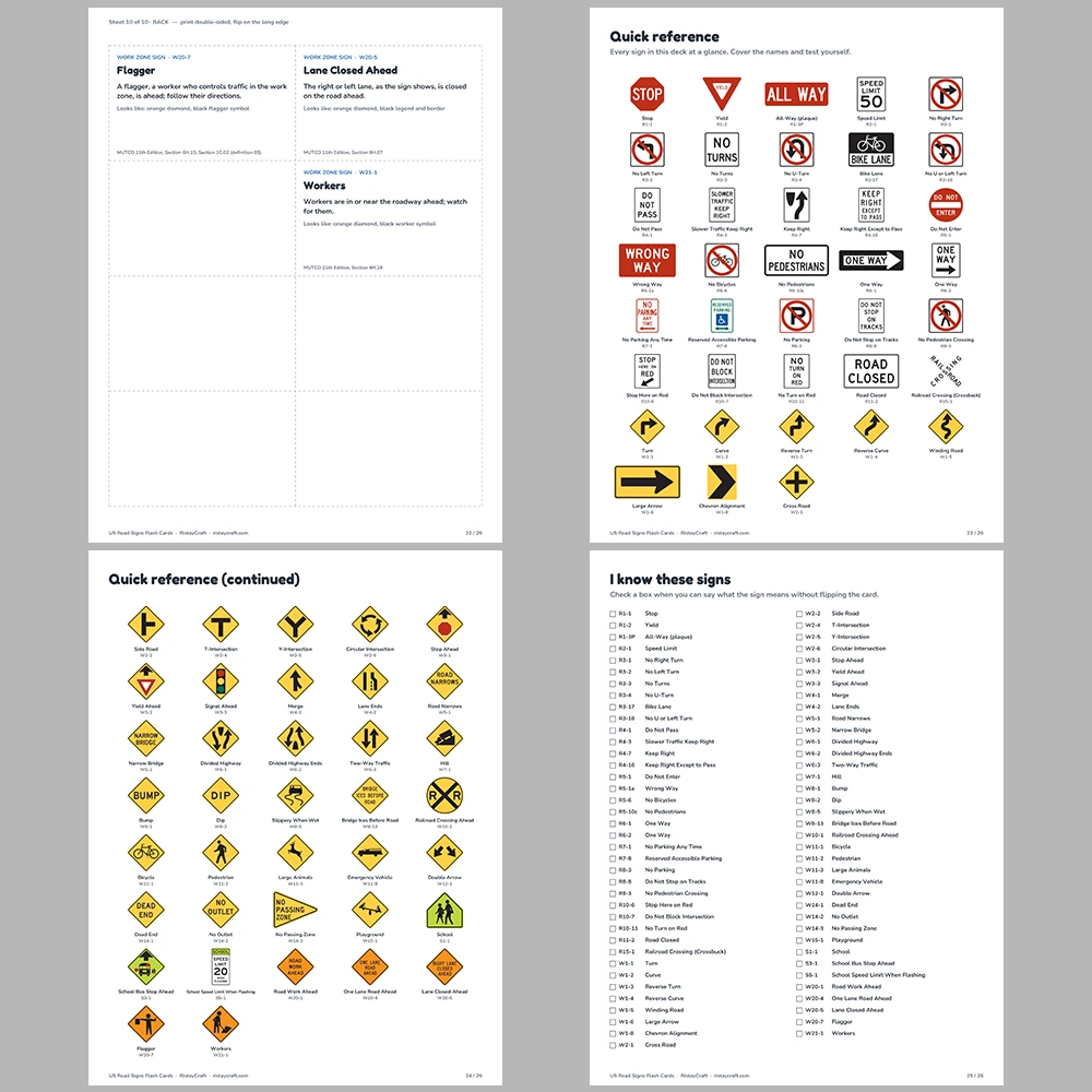 US Road Signs Flash Cards | 75 Real US Traffic Signs with Meanings | Driver’s Ed & Permit Test Study Cards | Printable PDF