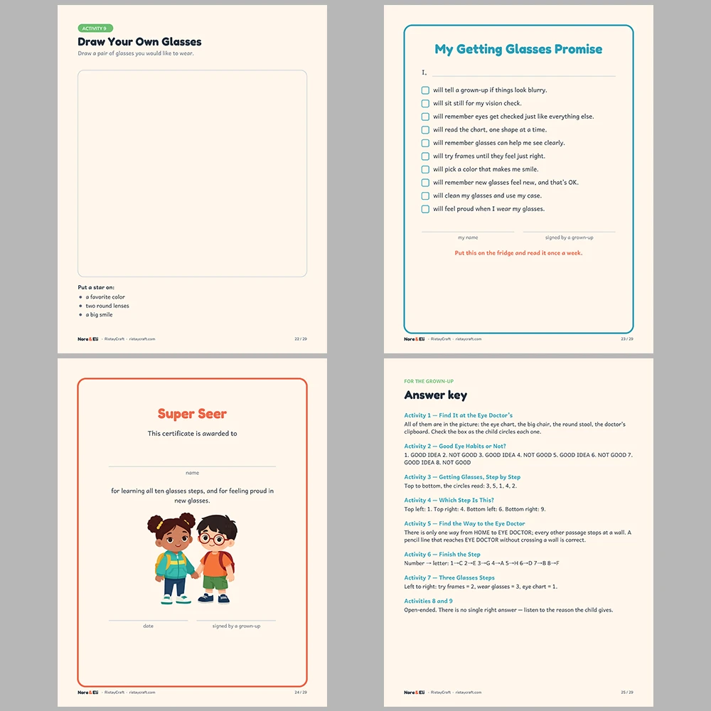 Getting Glasses Social Narrative for Kids | 29-Page Printable Big Moment Story Ages 4–8 | Eye Exam Frames Activities