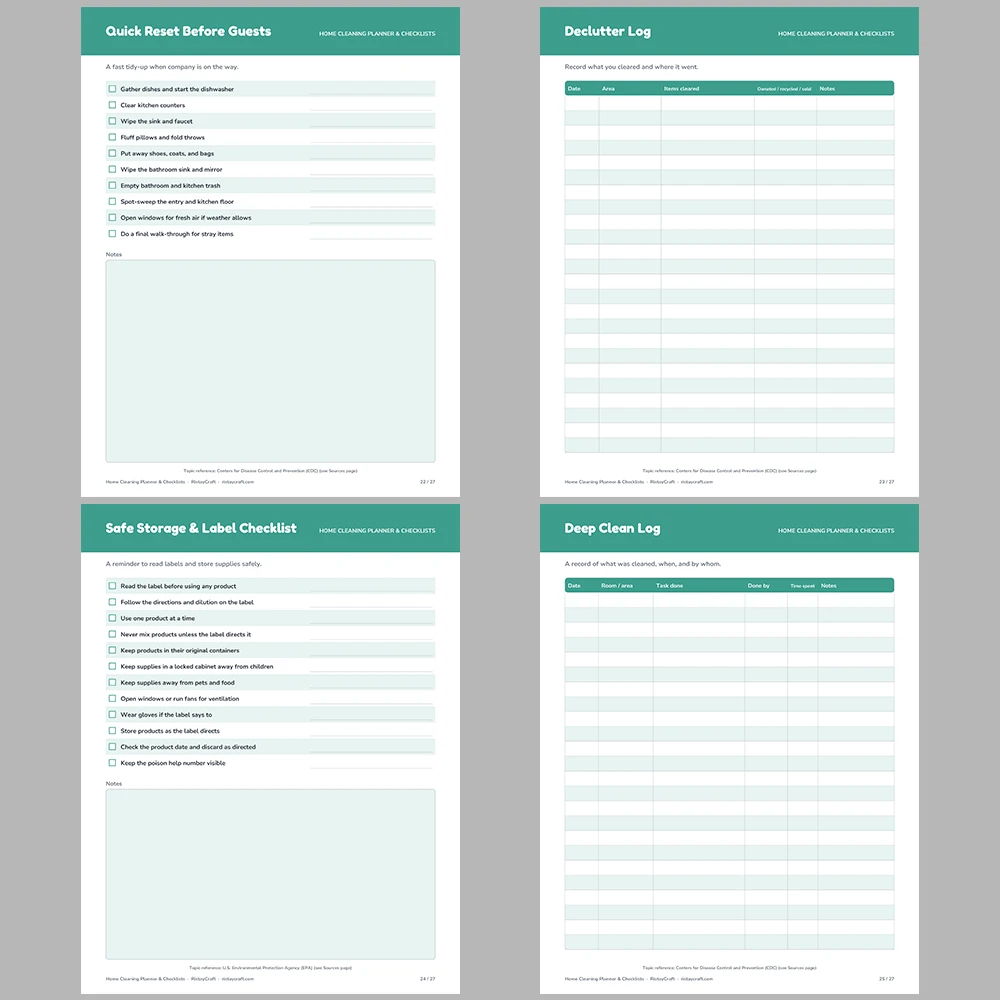 Home Cleaning Planner Printable | Cleaning Checklists, Chore Chart, Deep Clean Room Lists, Supplies Inventory & Calendar | Fillable PDF