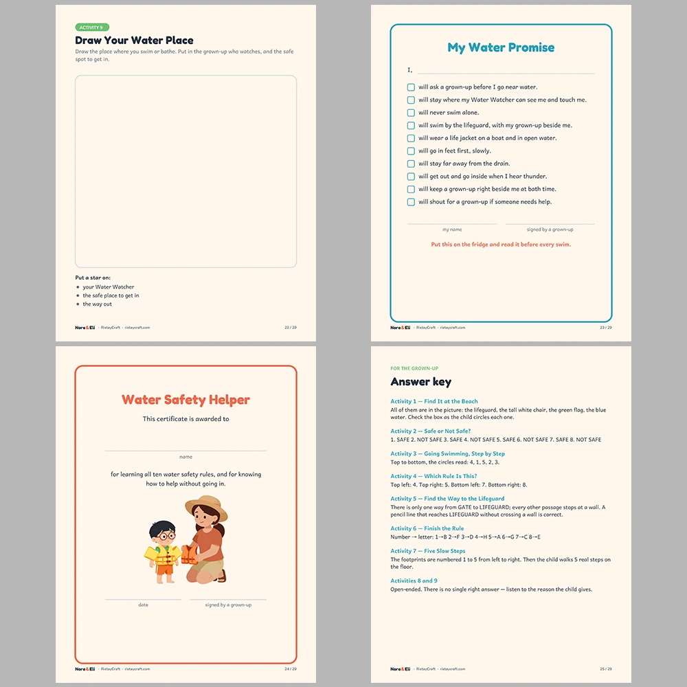 Water Safety for Kids Printable | 29-Page Pool Beach Lake Safety Workbook Ages 5–8 | Stories Activities | Instant Download