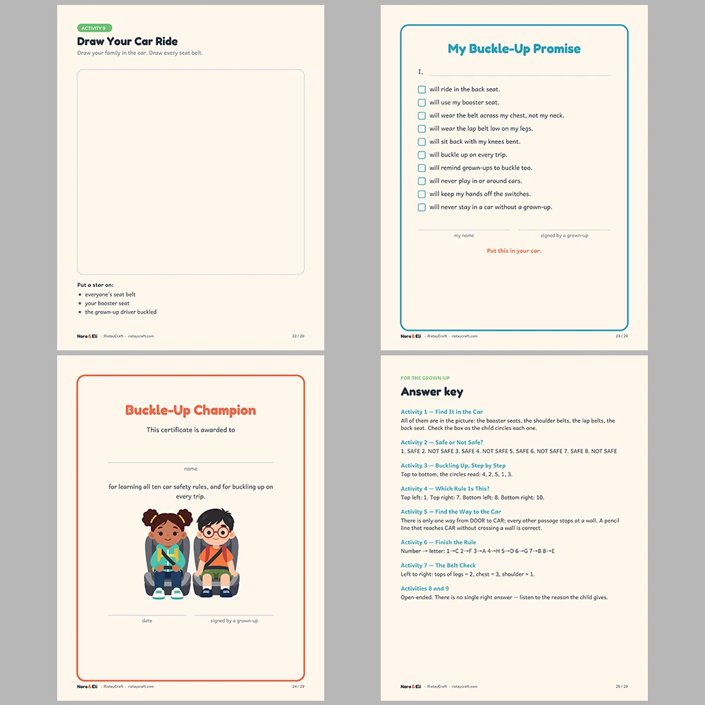 Car Safety for Kids Printable | 29-Page Seat Belt and Booster Seat Workbook Ages 5–8 | Buckle Up Stories Activities