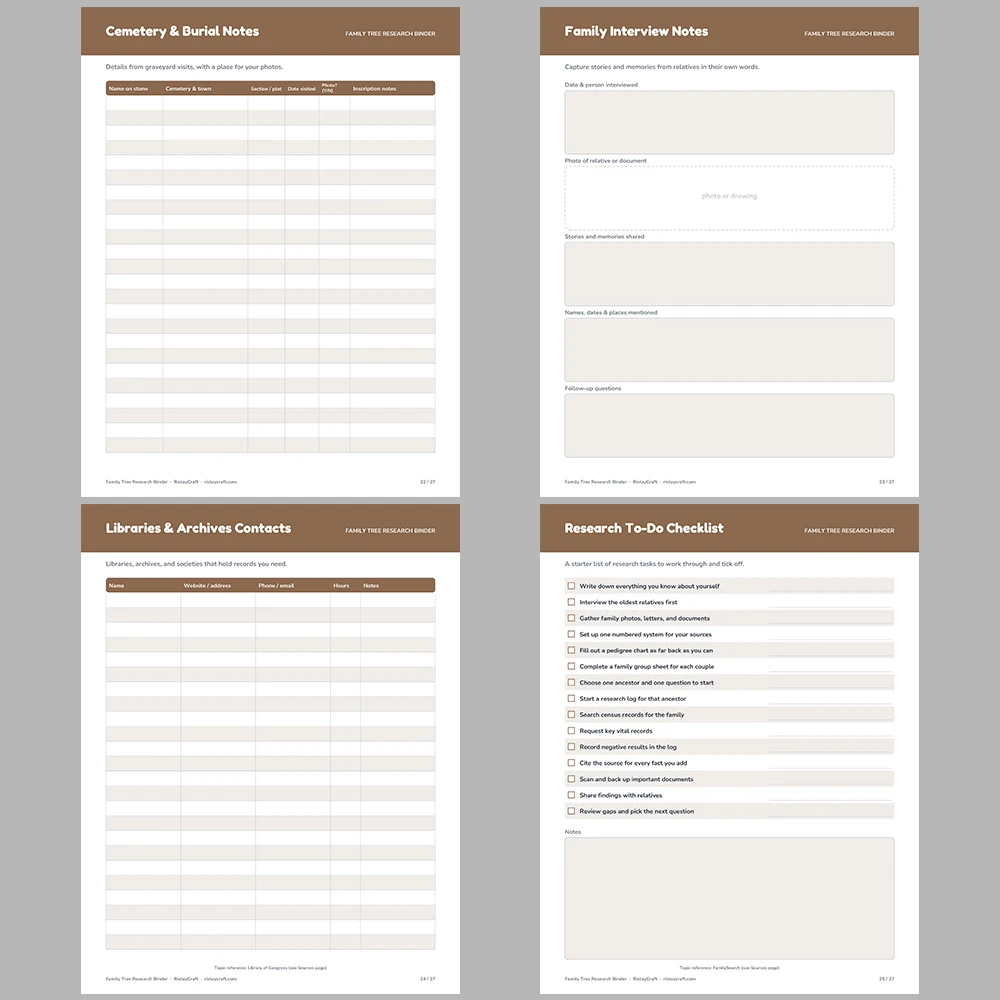 Family Tree Research Binder Printable | Genealogy Organizer | Pedigree Chart, Family Group Sheets, Census Log | Fillable PDF