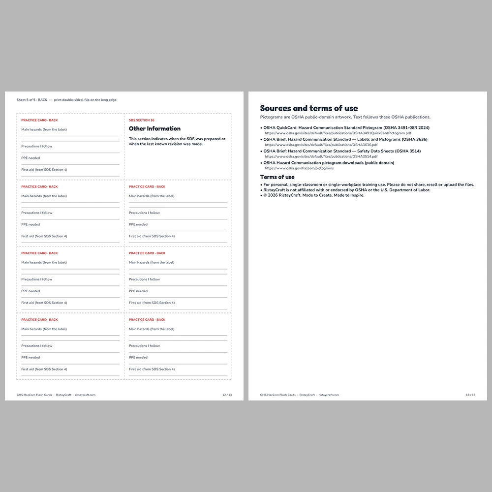 GHS Hazard Pictogram Flash Cards | OSHA HazCom Training | 16 SDS Sections, Signal Words & Label Elements | Printable PDF