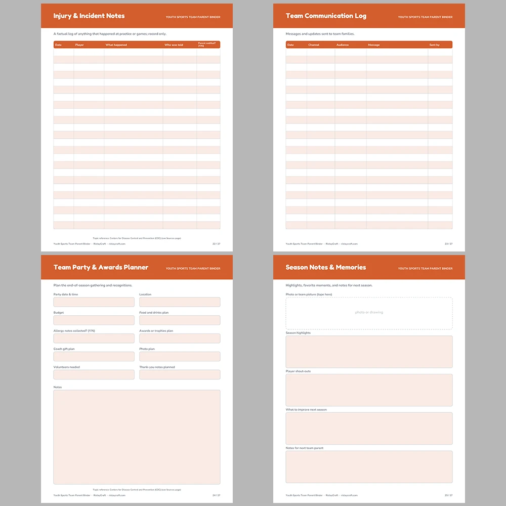 Team Parent Binder Printable | Youth Sports Manager Organizer | Roster, Snack Schedule, Carpool Log, Game Day Checklist | Instant PDF