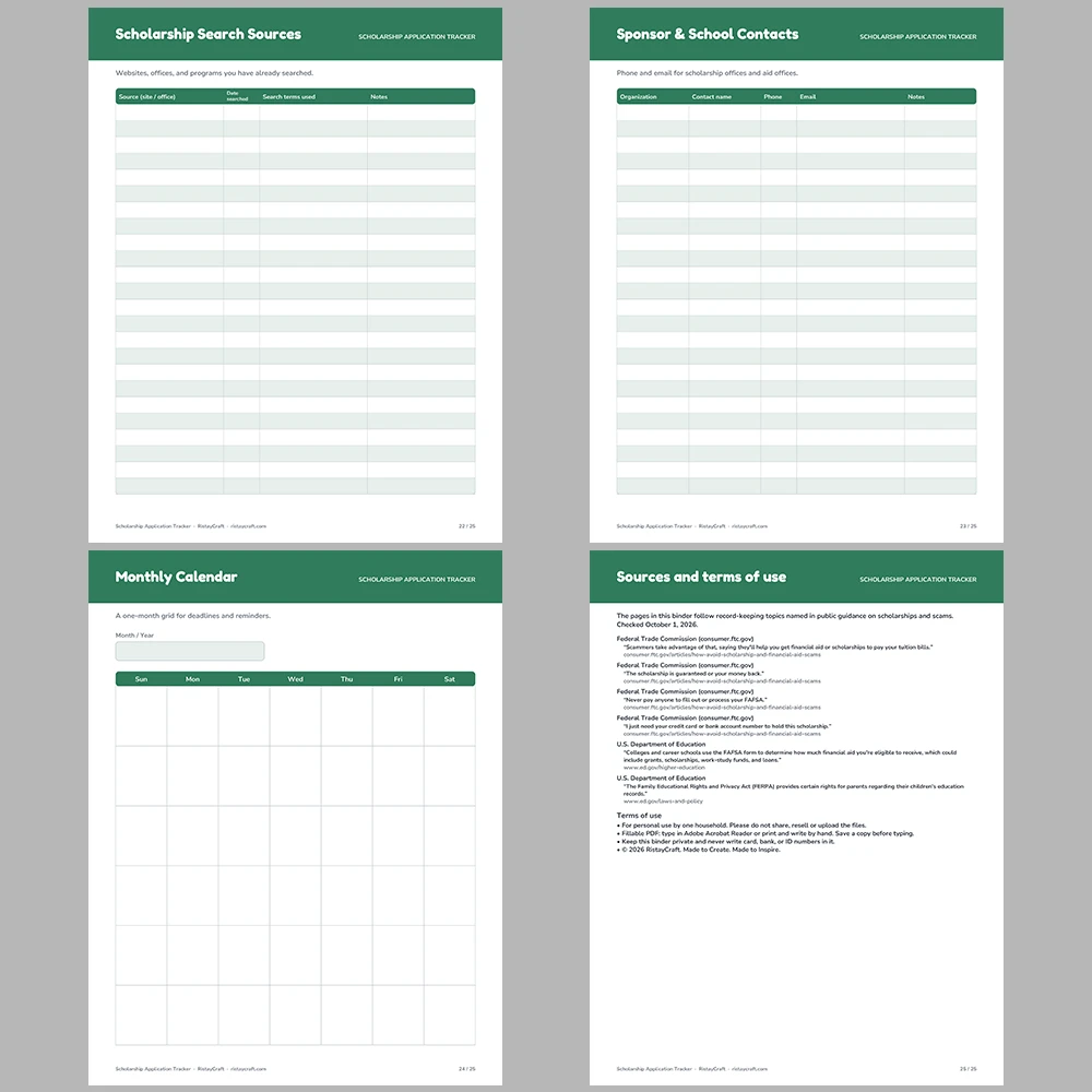 Scholarship Application Tracker Printable | Scholarship Planner, Essay & Deadline Log, Scam Checklist | Instant Download PDF