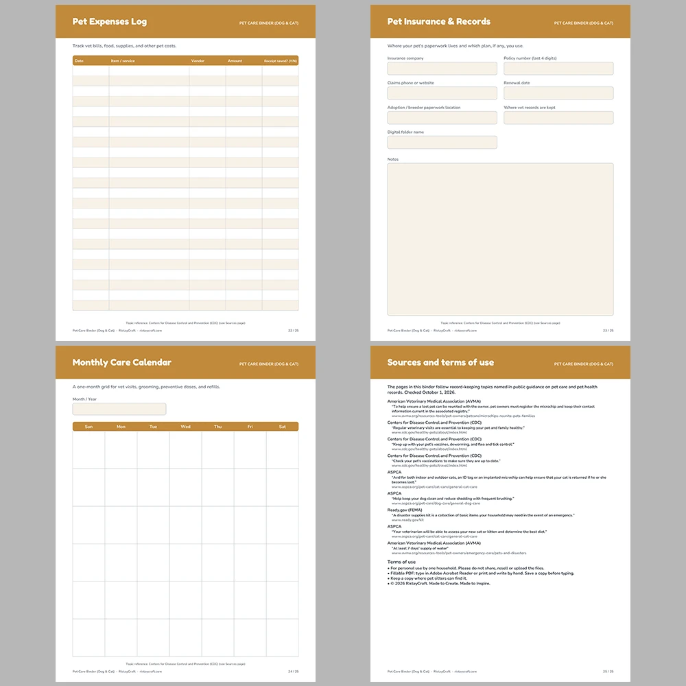 Pet Care Binder Printable | Dog & Cat Health Record, Vaccination Log, Feeding Schedule, Pet Sitter Sheet | Instant Download PDF