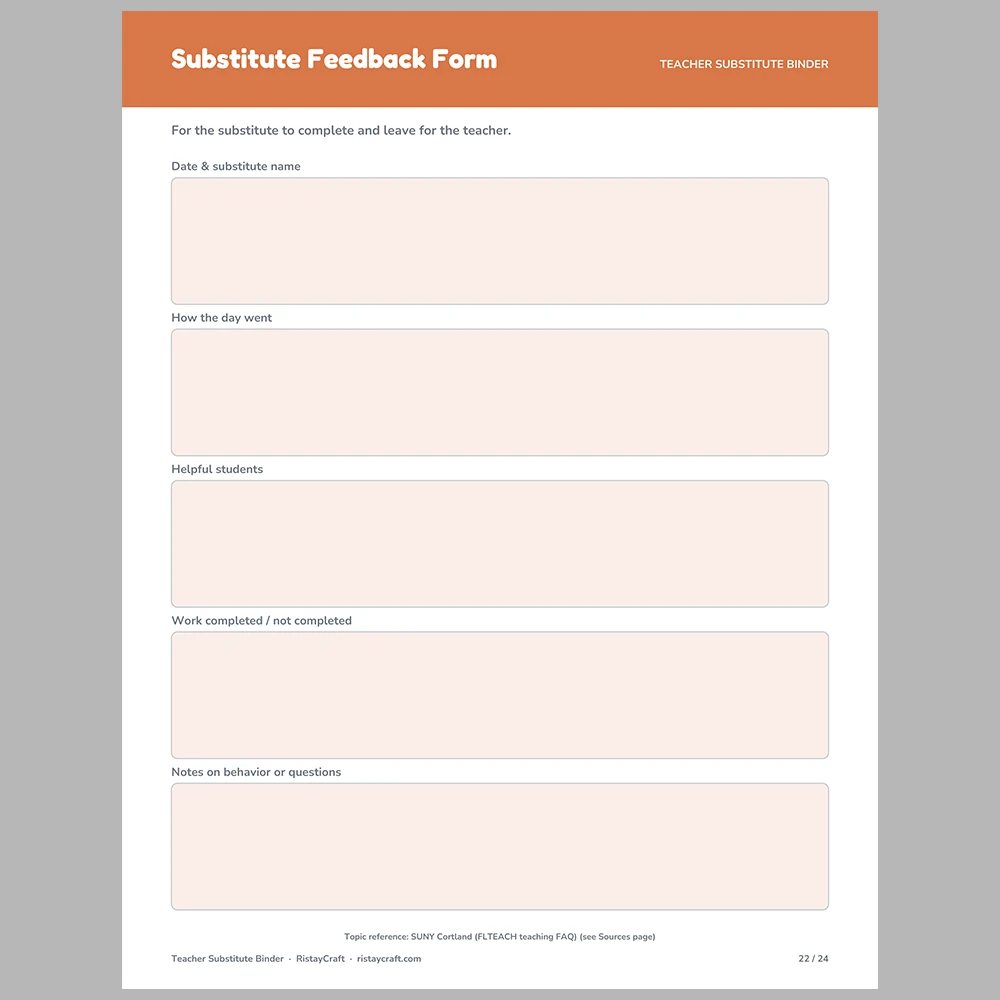Substitute Teacher Binder Printable | Sub Plans Template | Classroom Roster, Schedule, Emergency Info | K-8 Fillable PDF Instant Download