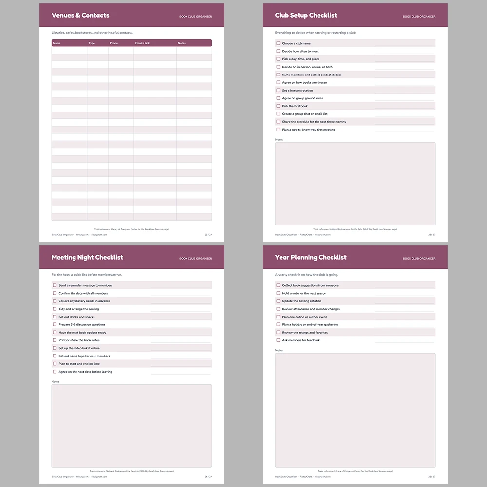 Book Club Organizer Printable | Member List, Meeting Schedule, Book Votes, Hosting Rotation & Ratings Log | Fillable PDF Planner