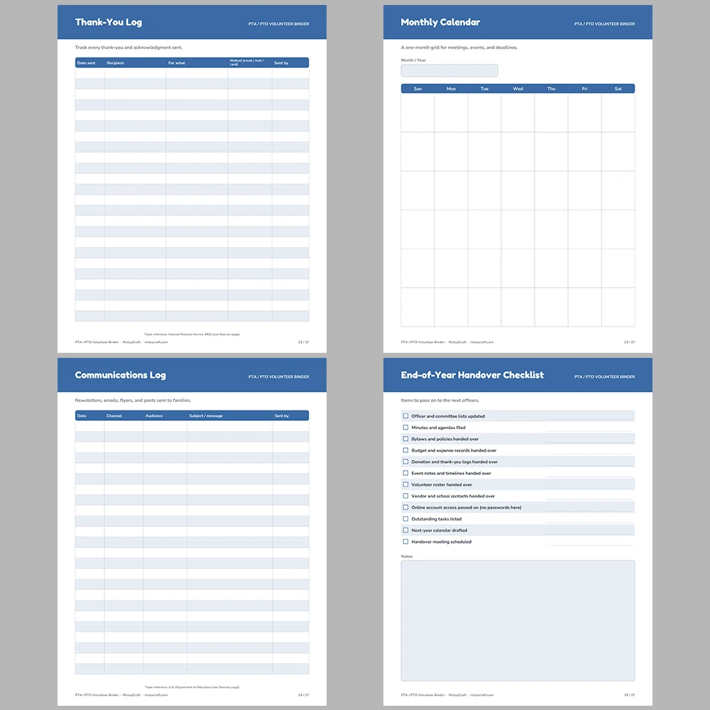 PTA Binder Printable | PTO Volunteer Organizer | Meeting Minutes, Event Planner, Fundraiser Tracker, Budget Log | Instant Download PDF