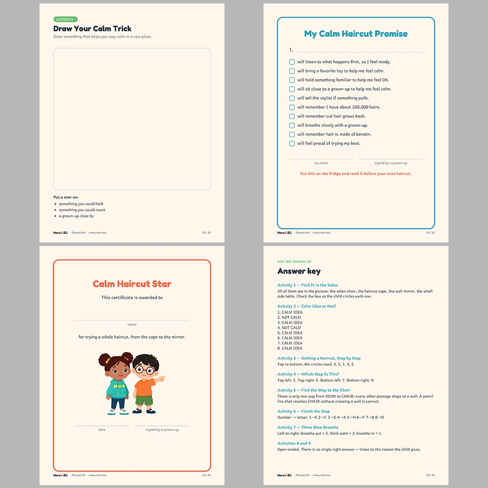 Getting a Haircut Social Narrative for Kids | 29-Page Printable Big Moment Story Ages 4–8 | Calm Coping Sensory Tips Activities