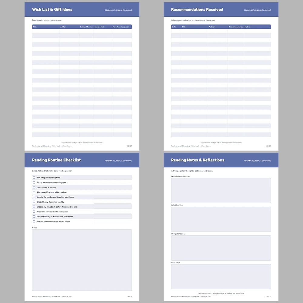 Reading Journal Printable | Book Log, Reading Goals, Book Review Pages, Quotes Log, Series & Library Loan Tracker | Fillable PDF