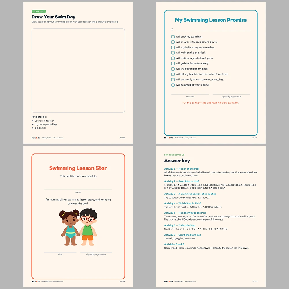 First Swimming Lesson Social Narrative for Kids | 29-Page Printable Big Moment Story Ages 4–8 | Swim Class Pool Story Activities