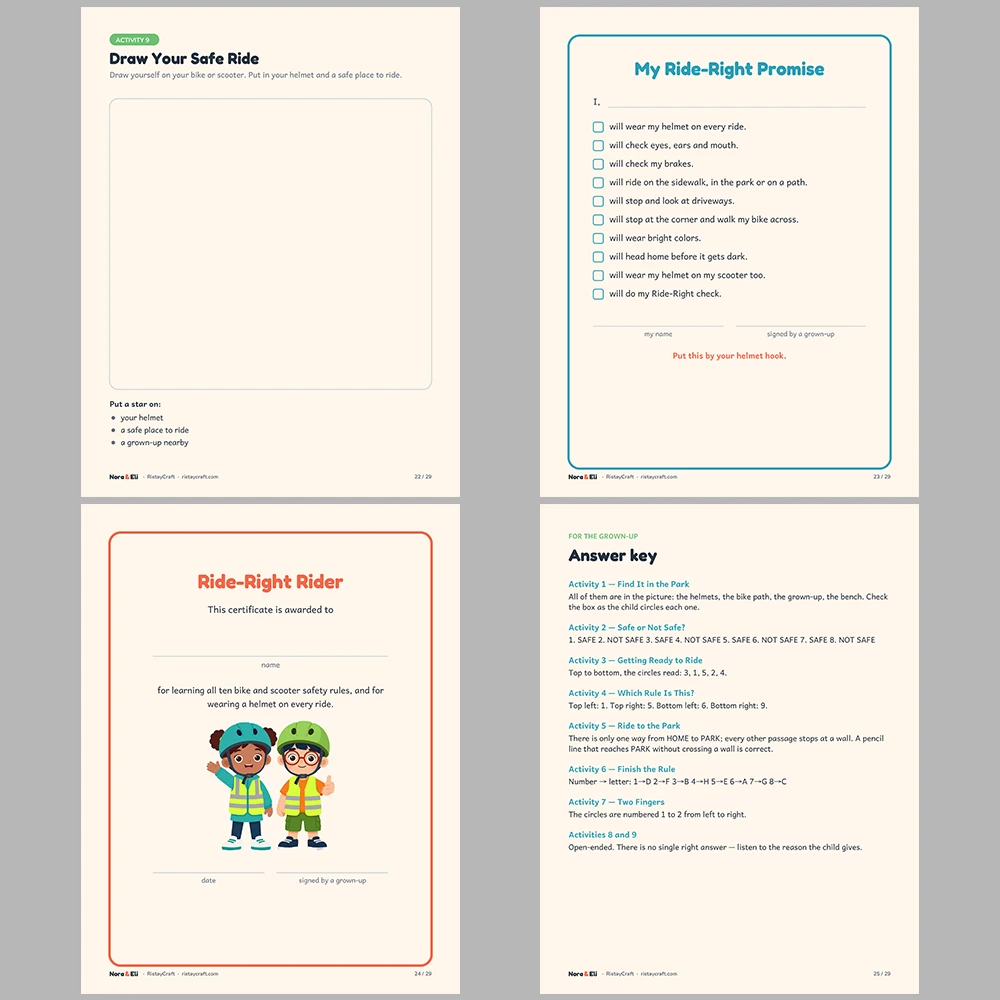 Bike Safety for Kids Printable | 29-Page Bike and Scooter Helmet Safety Workbook Ages 5–8 | Stories Activities