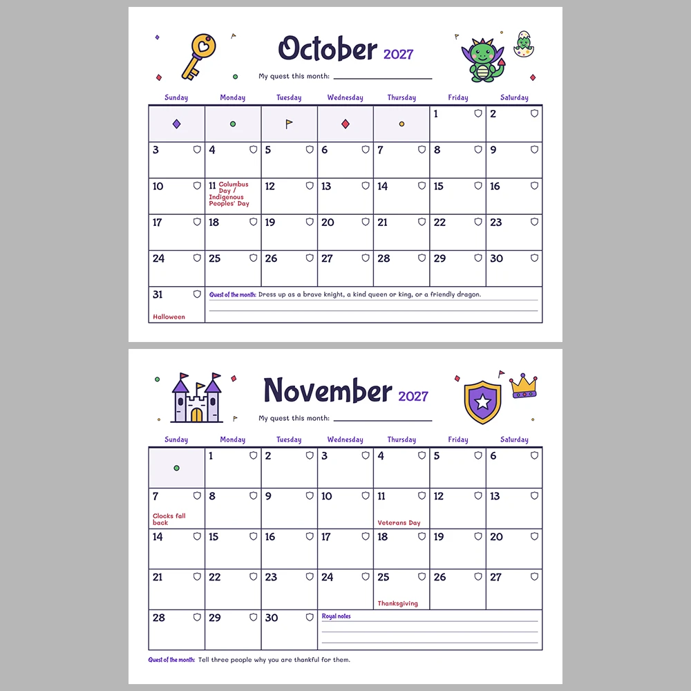 2027 Kids Calendar Printable | Castle & Dragons Monthly Calendar with Activities | Sunday & Monday Start | Letter A4 Desk Pad PDF